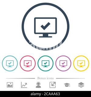 Accept display settings flat color icons in round outlines. 6 bonus icons included. Stock Vector