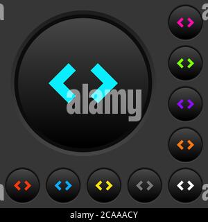 Script code dark push buttons with vivid color icons on dark grey background Stock Vector