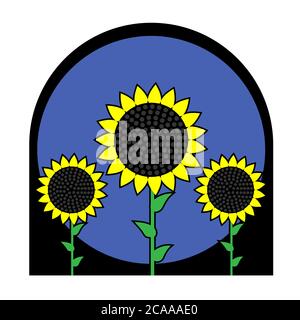 Illustration of three sunflowers in a frame on a white isolated background. Vector image Stock Vector