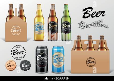 Realistic set of glass Beer bottle in packaging box on transparent background. Beer template and Tin Can Mockup for restaurant or Bar Branding. Vector Stock Vector