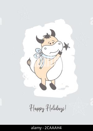 Christmas card. Year of the bull postcard. Poster. Ox character Stock Vector