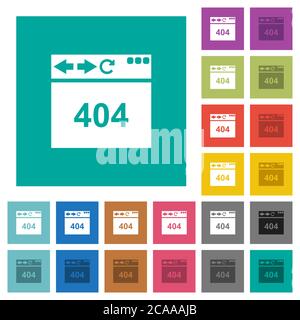 Browser 404 page not found multi colored flat icons on plain square backgrounds. Included white and darker icon variations for hover or active effects Stock Vector
