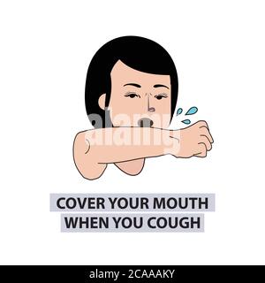 Cover your mouth and nose with arm when cough or sneeze. vector warning ...