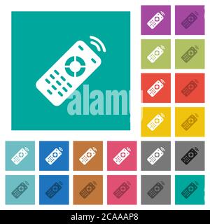 Working remote control multi colored flat icons on plain square backgrounds. Included white and darker icon variations for hover or active effects. Stock Vector