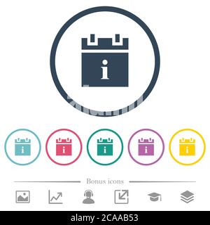 Schedule info flat color icons in round outlines. 6 bonus icons included. Stock Vector