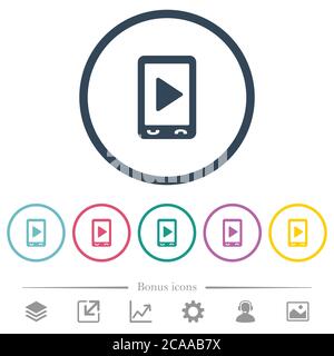 Mobile play media flat color icons in round outlines. 6 bonus icons included. Stock Vector