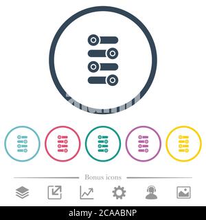 Fine tune flat color icons in round outlines. 6 bonus icons included. Stock Vector
