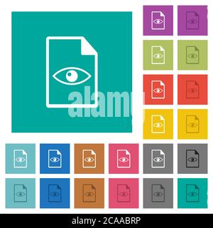 File preview multi colored flat icons on plain square backgrounds. Included white and darker icon variations for hover or active effects. Stock Vector
