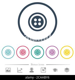 Dress button with 4 holes flat color icons in round outlines. 6 bonus icons included. Stock Vector