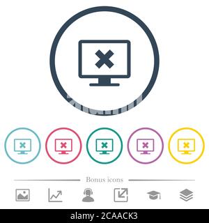 Cancel display settings flat color icons in round outlines. 6 bonus icons included. Stock Vector