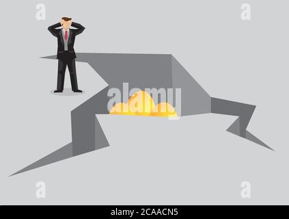 Cartoon businessman in distress about golden eggs in crack. Creative vector illustration on concept on stressful financial situation. Stock Vector