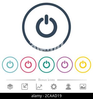 Power switch flat color icons in round outlines. 6 bonus icons included. Stock Vector
