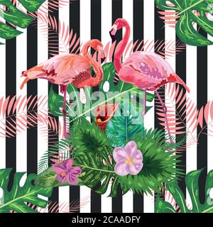 Seamless pattern with dark blue grunge stripes and pink flamingo. Pink flamingo background design Stock Vector
