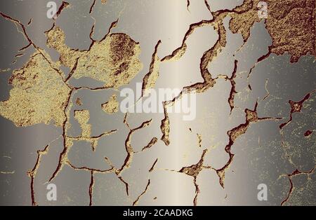 Luxury steel, platinum, chromium, golden metal gradient background with distressed rusted metal plate texture. Stock Vector