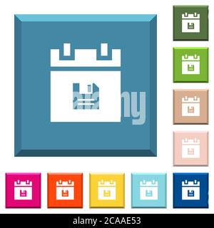 Save schedule data white icons on edged square buttons in various trendy colors Stock Vector