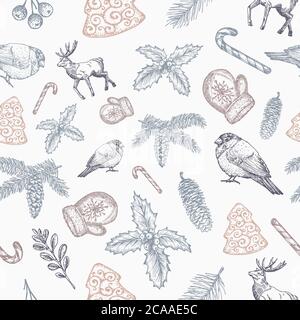Hand Drawn Christmas Vector Seamless Background Pattern. Reindeer, Strobile, Holly, Mistletoe and Gloves Sketches Card or Cover Template. Pastel Stock Vector