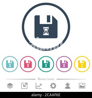 File waiting flat color icons in round outlines. 6 bonus icons included. Stock Vector