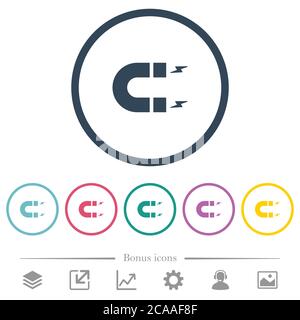 Horseshoe magnet flat color icons in round outlines. 6 bonus icons included. Stock Vector