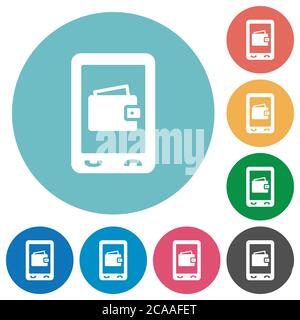 Mobile wallet flat white icons on round color backgrounds Stock Vector