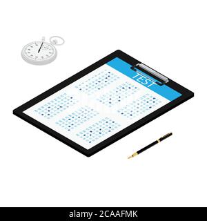Test, exam paper on clipboard, stopwatch and pen isometric view. Exam, or survey concept icon. School test. School exam. Stock Vector