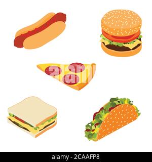 Set of fast food : hotdog, sandwich, burger hamburger or cheeseburger, slice of pizza and traditional mexican fast food taco isolated on white backgro Stock Vector