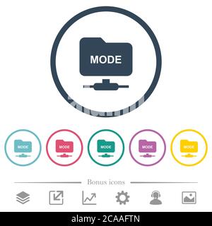 Set FTP transfer mode flat color icons in round outlines. 6 bonus icons included. Stock Vector