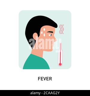 Fever High Temperature, Young man with a thermometer, High temperature, fever, sickness icon. Vector flat illustration, isolated on white background. Stock Vector