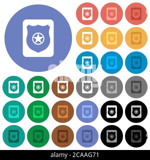 Police badge multi colored flat icons on round backgrounds. Included white, light and dark icon variations for hover and active status effects, and bo Stock Vector