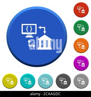 Open banking API round color beveled buttons with smooth surfaces and flat white icons Stock Vector