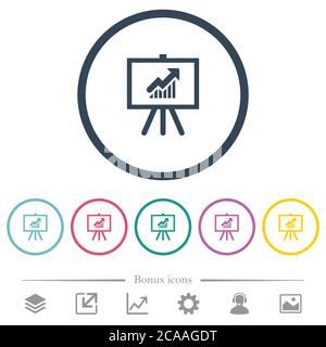 Presentation table with rising graph flat color icons in round outlines. 6 bonus icons included. Stock Vector