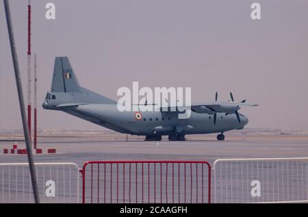 Archive image: Dubai International Airport, photographed in 1979 before its development into a major hub. An Indian Air Force? military Antonov AN-12 Cub transport aircraft on the apron. Credit: Malcolm Park Stock Photo