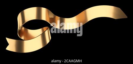 Long golden curly gift ribbon for your design. 3d illustration isolated over black background. Stock Photo