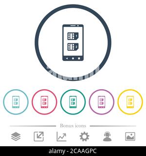 Dual SIM mobile flat color icons in round outlines. 6 bonus icons included. Stock Vector