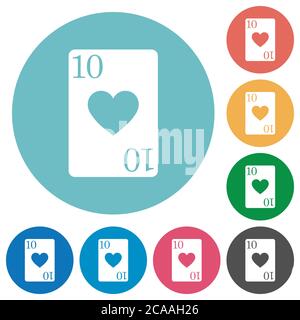 Ten of hearts card flat white icons on round color backgrounds Stock Vector