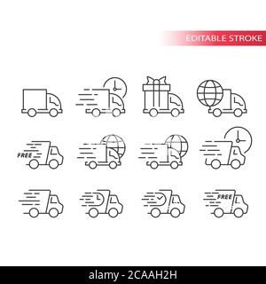 Delivery truck or lorry line vector icon set. Fast delivery, speed marks, clock and international shipping symbols. Outline, editable stroke. Stock Vector