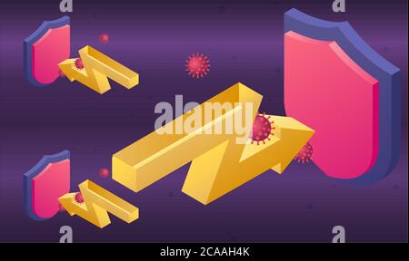 Secure Shield with arrows and bacteria on dark abstract background Stock Vector