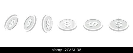 Silver coins set. Isometric silver dollar coins isolated on white background. Stock Vector