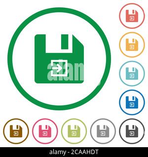 Import file flat color icons in round outlines on white background Stock Vector
