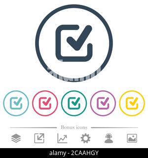 Checkmark flat color icons in round outlines. 6 bonus icons included. Stock Vector