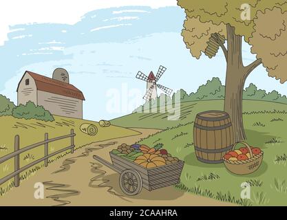 Farm autumn graphic color landscape crop harvest sketch illustration vector Stock Vector