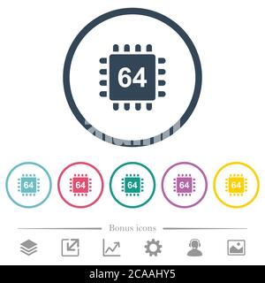 Microprocessor 64 bit architecture flat color icons in round outlines. 6 bonus icons included. Stock Vector