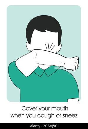 Cover your mouth and nose with arm when cough or sneeze. vector warning sign about cough and sneeze. Coronavirus protection sign. runny nose. Sneezing Stock Vector