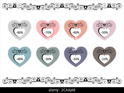 Set of price tags. Sale labels. Heart shaped panel. Colorful label and original. Vector illustration. Stock Vector