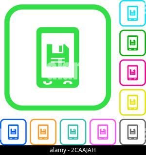 Mobile save data vivid colored flat icons in curved borders on white background Stock Vector
