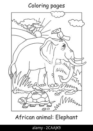 Vector coloring pages with cute elephant in african area. Cartoon contour illustration isolated on white background. Stock illustration for coloring b Stock Vector