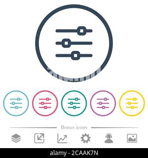Horizontal adjustment flat color icons in round outlines. 6 bonus icons included. Stock Vector