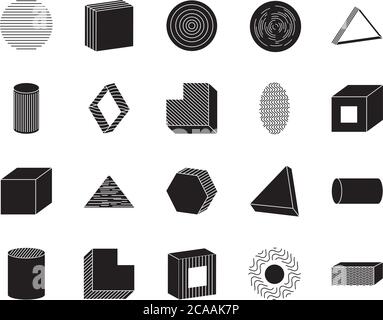 icon set of cube and geometric shapes over white background, silhouette style, vector illustration Stock Vector