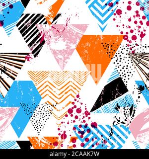 abstract geometric background pattern, with triangles, paint strokes and splashes, seamless Stock Vector