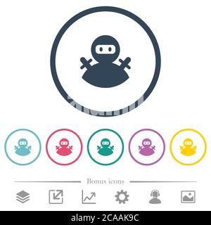 Ninja avatar flat color icons in round outlines. 6 bonus icons included. Stock Vector