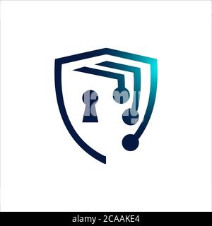 Abstract cyber security logo design vector. dot circle digital connection shield template. Stock Vector